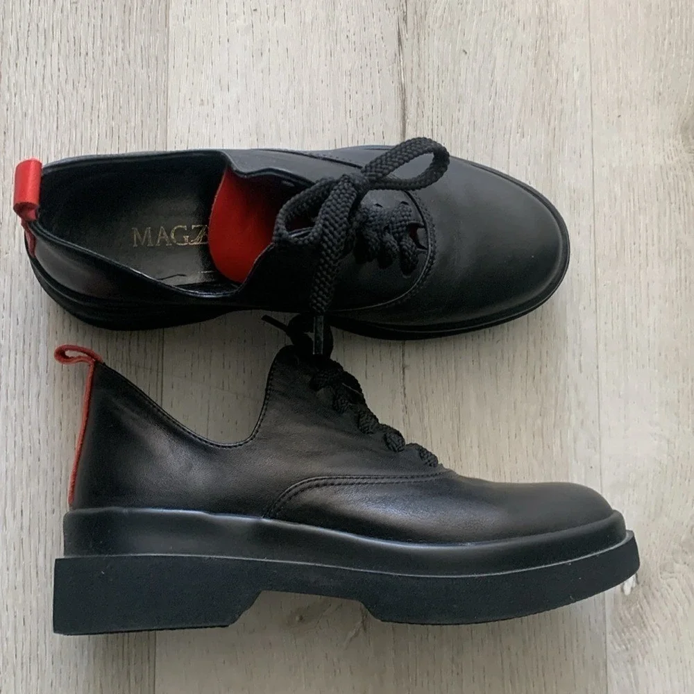Magza leather wedges black red lace up shoes sneakers chunky‎ y2k size 7